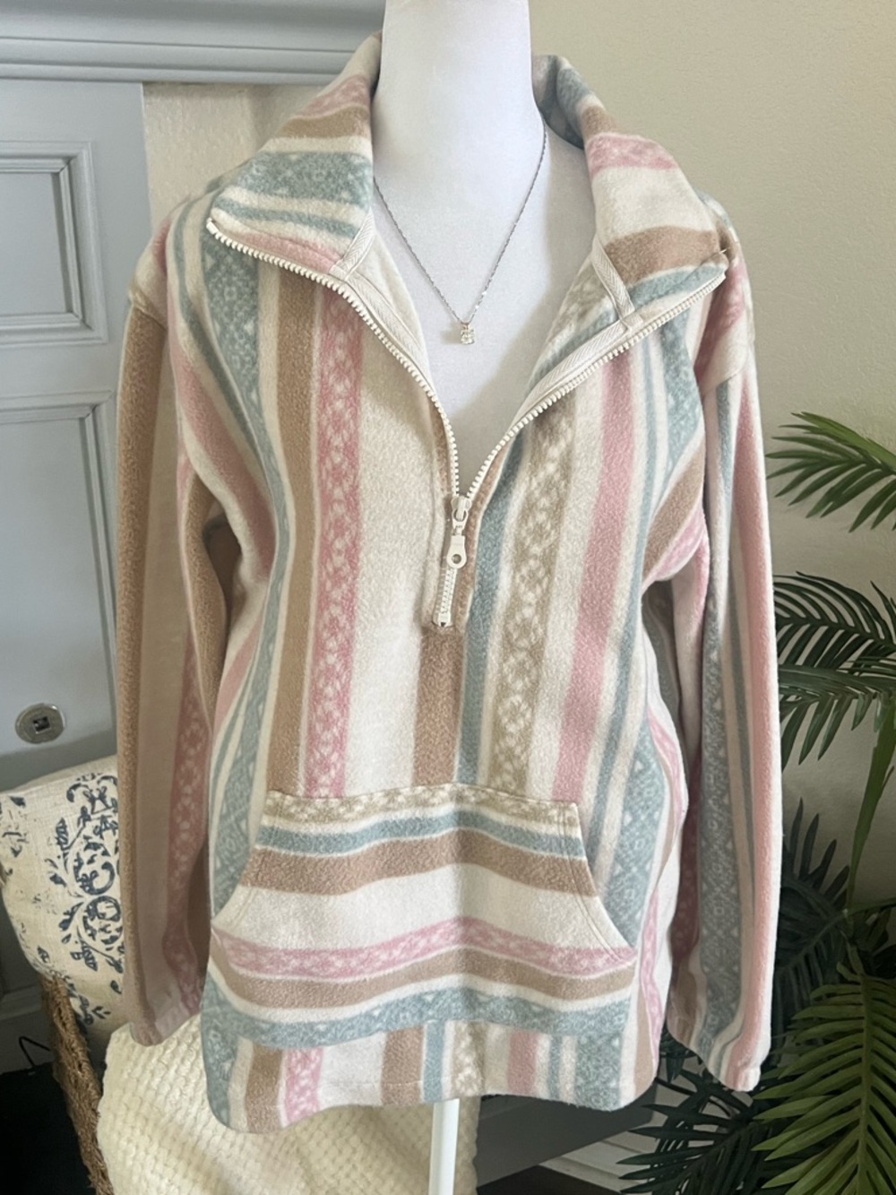Wallflower Fleece Striped Knit Quarter Zip Sweater in Cream, Pink & Sage